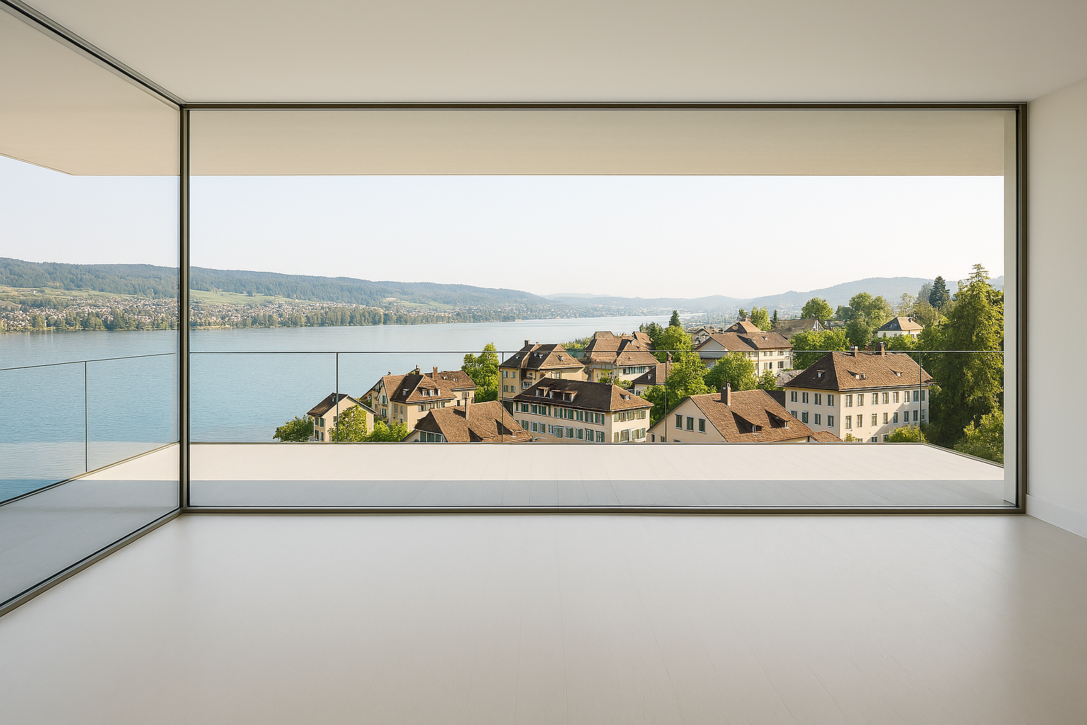 Panoramafenster mit Blick auf einen Schweizer See und traditionelle Häuser, helle Wohnung mit bodentiefer Glasfront